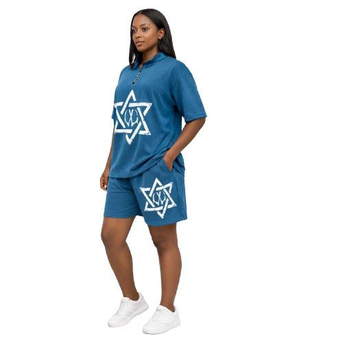 Teal Oversized Quarter Zip Polo and Shorts Graphic Set
