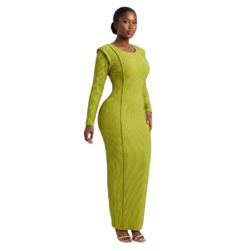 Womens Lime Green Long Sleeved Ribbed Midi Dress