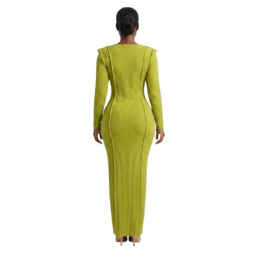 Womens Lime Green Long Sleeved Ribbed Midi Dress