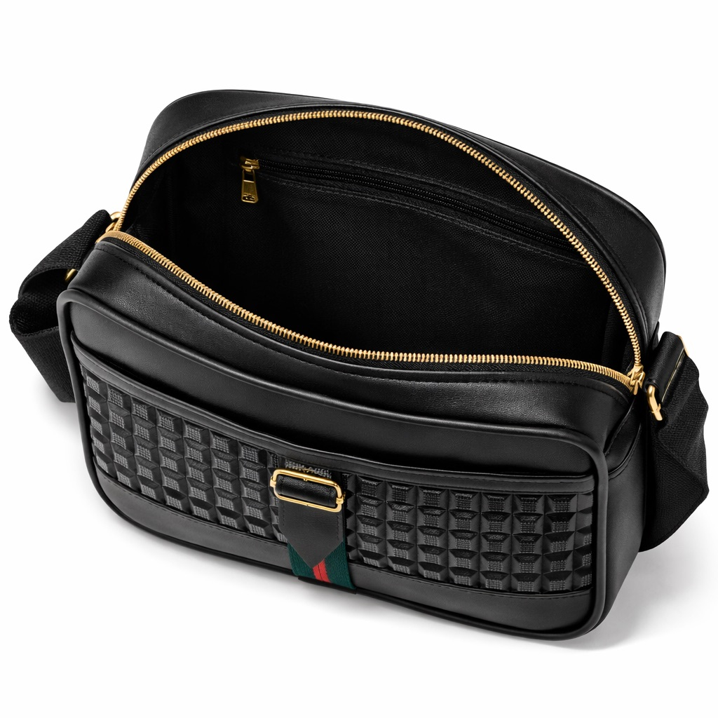 Black Textured Leather Crossbody Messenger Bag with Gold Zipper