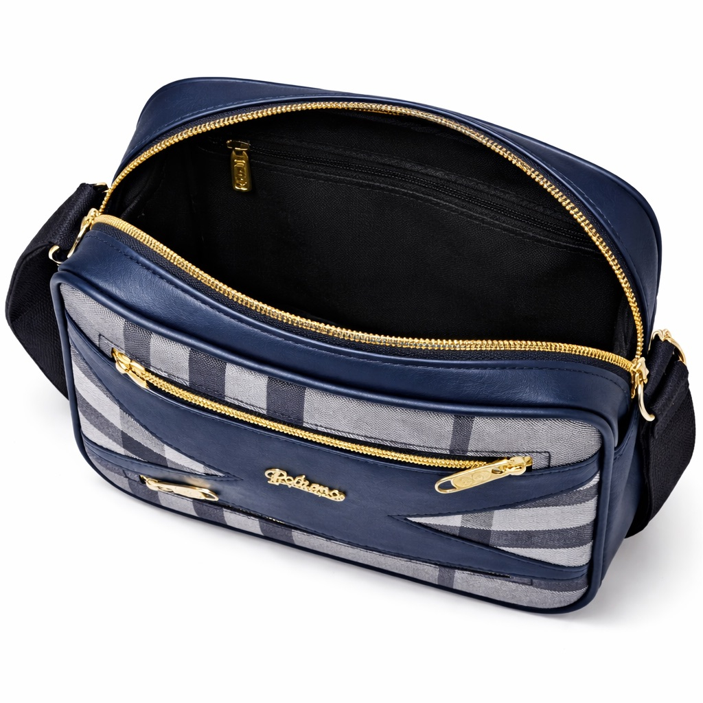 Plaid Crossbody Shoulder Bag with Leather Panel       Blue