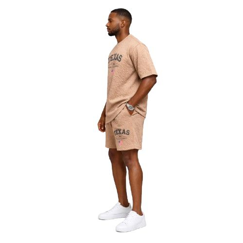 Tan Textured Collegiate Graphic Shirt and Shorts Set