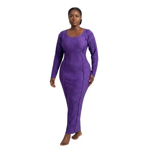 Womens Purple Micro Pleated Long Sleeve Maxi Dress
