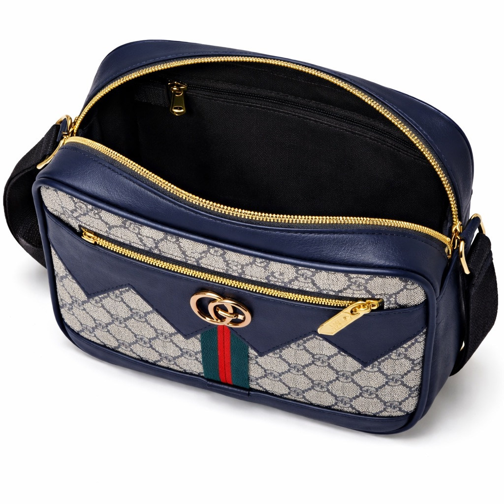 Monogram Crossbody Shoulder Bag with Stripe Detail         Blue