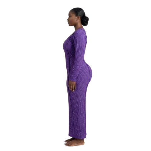 Womens Purple Micro Pleated Long Sleeve Maxi Dress