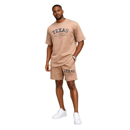 Tan Textured Collegiate Graphic Shirt and Shorts Set