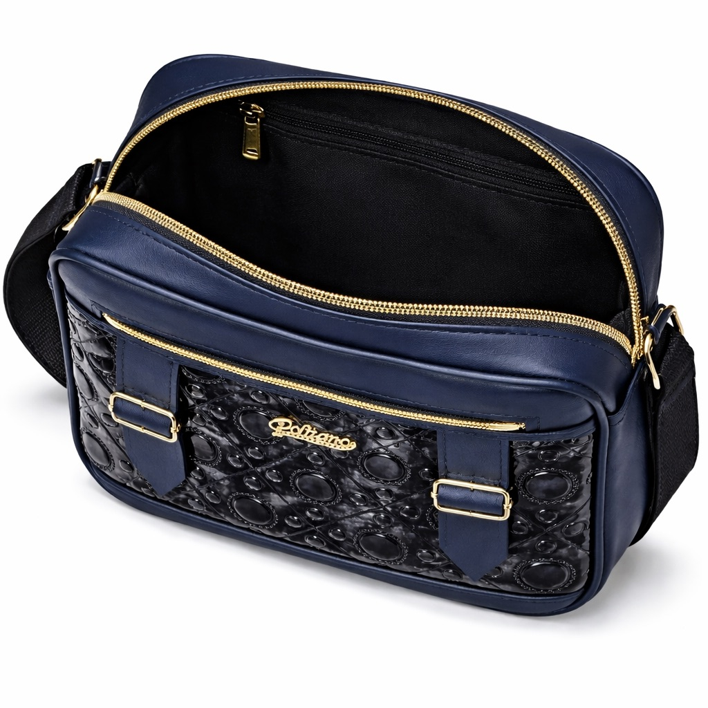 Embossed Patent Crossbody Shoulder Bag with Buckle Detail      Blue