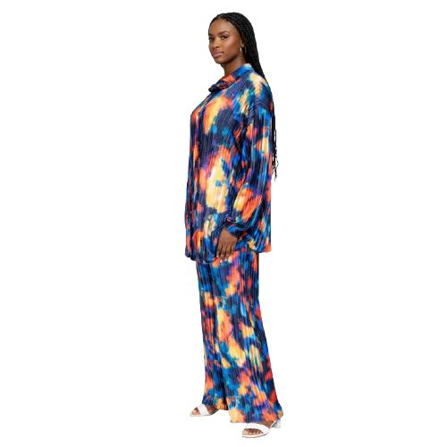 Multicolor Abstract Print Pleated Tunic and Wide Leg