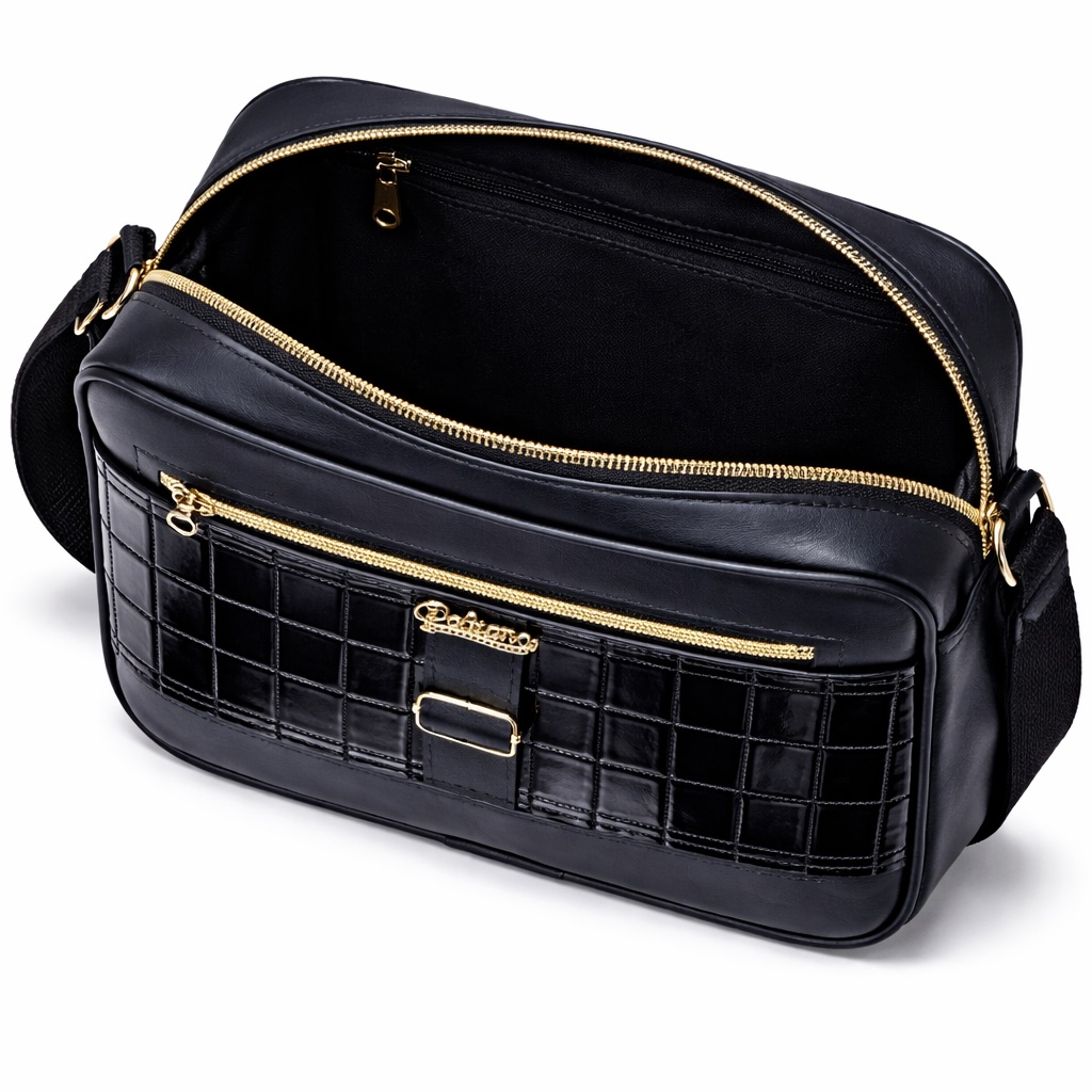 Textured Patent Crossbody Shoulder Bag with Grid Panel     Black