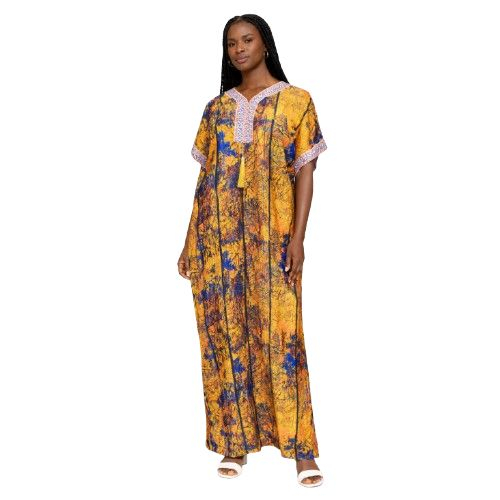 Yellow and Blue Abstract Print Kaftan Maxi Dress