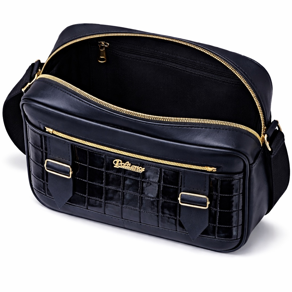 Embossed Patent Crossbody Shoulder Bag with Dual Strap Detail       Black