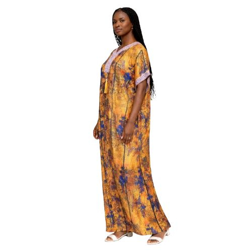 Yellow and Blue Abstract Print Kaftan Maxi Dress