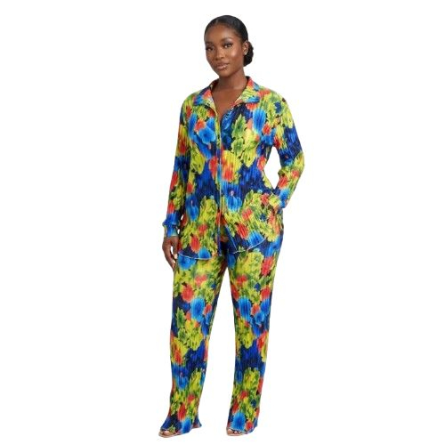 Womens Multicolored Floral Pleated Shirt and Trouser Set