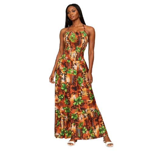 Earth Tone Floral Print Smocked Maxi Dress