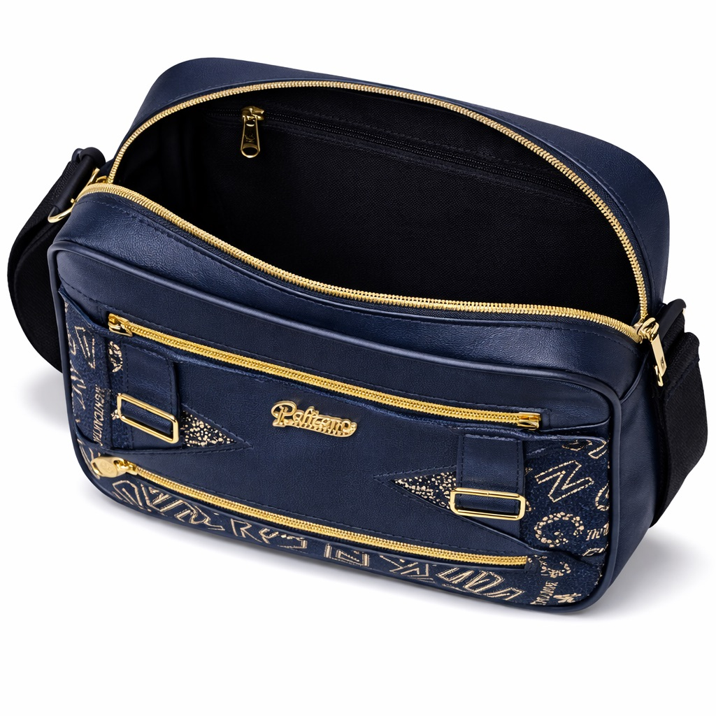 Graphic Print Crossbody Shoulder Bag with Leather Panel      Blue