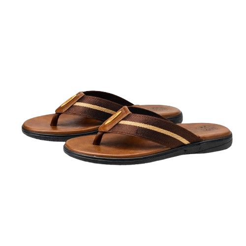Mens OpenToe Brown Slippers with Striped Straps