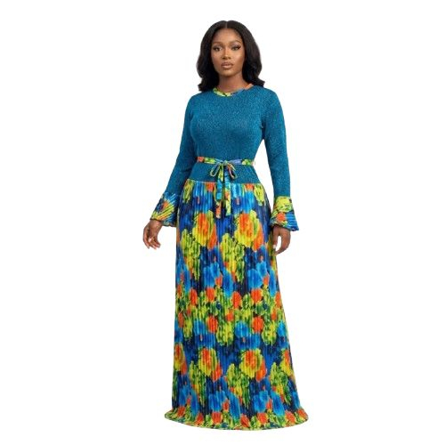 Floral Print Plisse Long Sleeve Maxi Dress