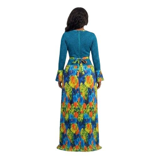Floral Print Plisse Long Sleeve Maxi Dress