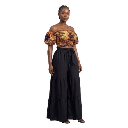 Two Piece Off the Shoulder Batik Crop Top and Tiered Wide Leg Trousers