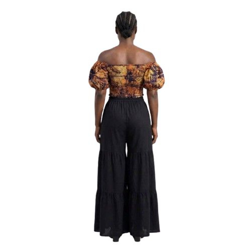 Two Piece Off the Shoulder Batik Crop Top and Tiered Wide Leg Trousers