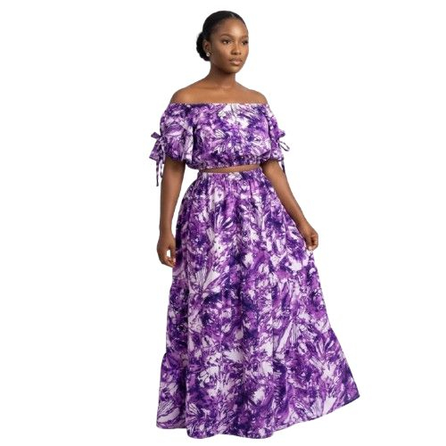 Two Piece Purple and White Abstract Print Crop Top and Maxi Skirt Set