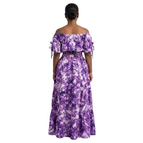 Two Piece Purple and White Abstract Print Crop Top and Maxi Skirt Set