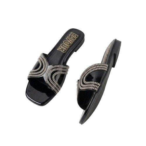 Womens Black Flat Slippers with Rhinestone Embellishments