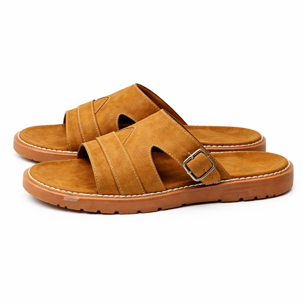 Mens Tan Double Strap Slide Sandals with Buckle