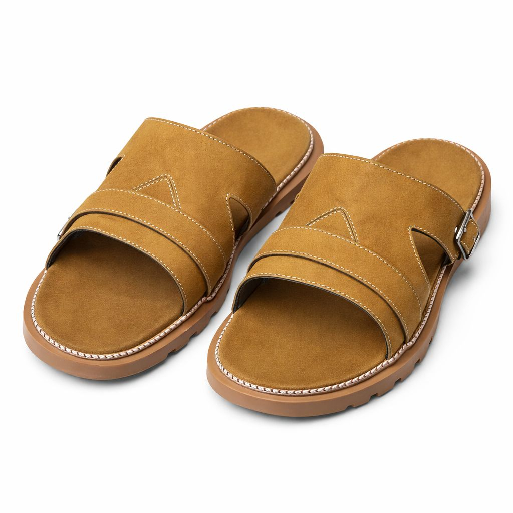 Mens Tan Double Strap Slide Sandals with Buckle