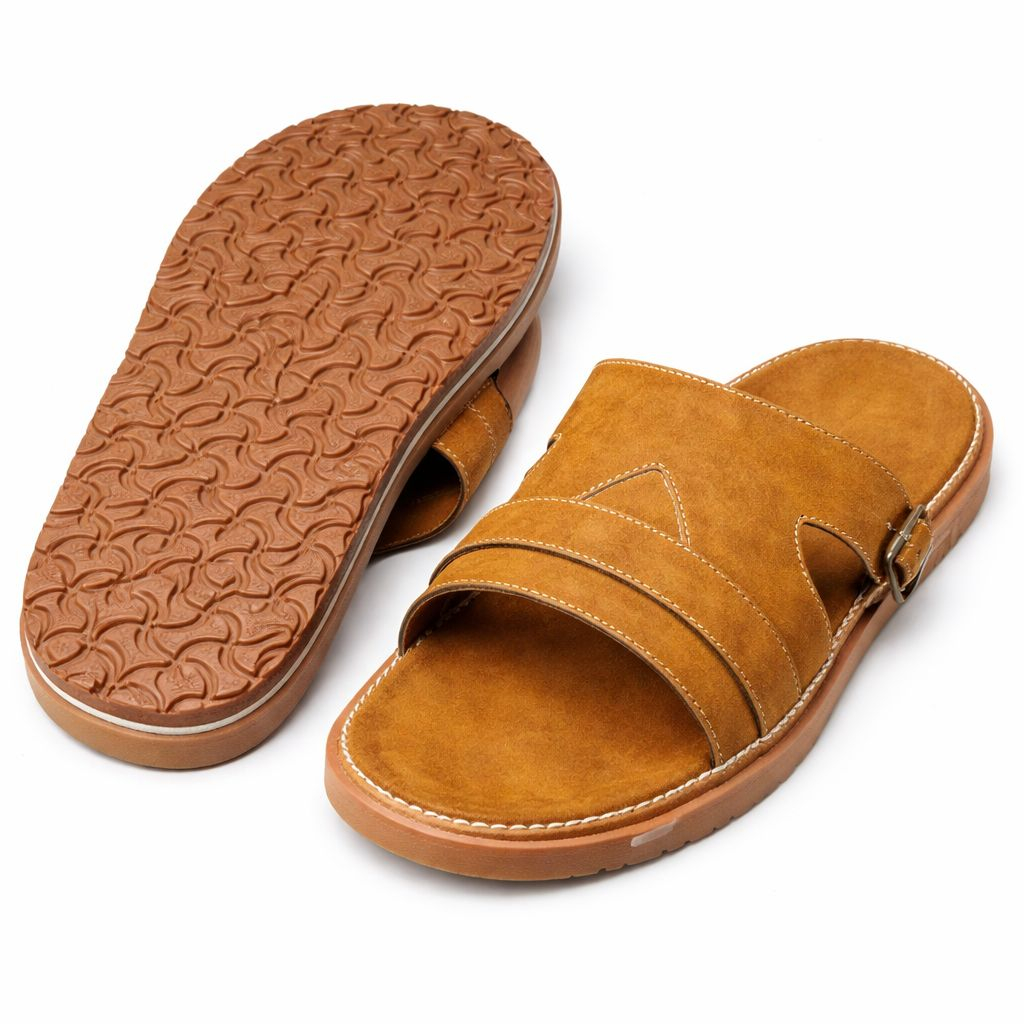 Mens Tan Double Strap Slide Sandals with Buckle