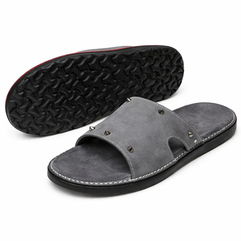 Mens Grey Leather Slippers with Studded Design