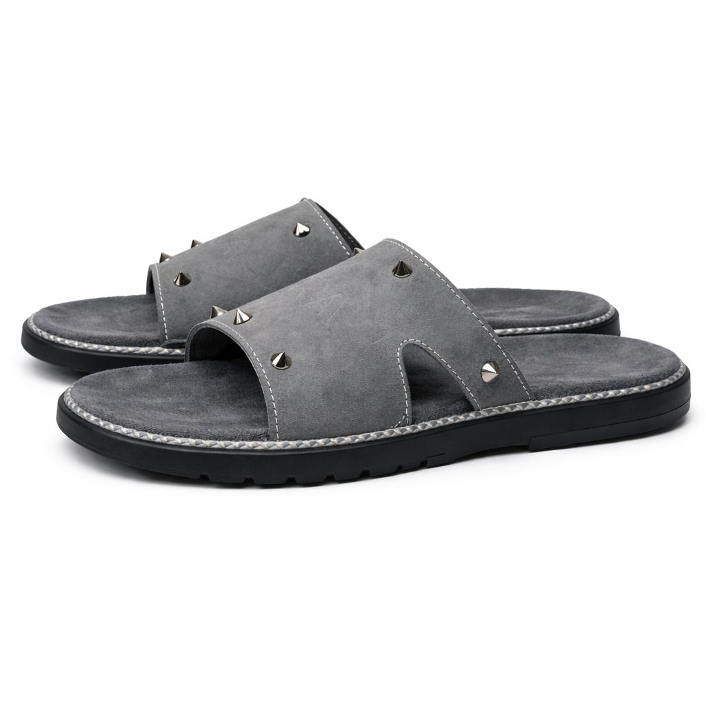 Mens Grey Leather Slippers with Studded Design