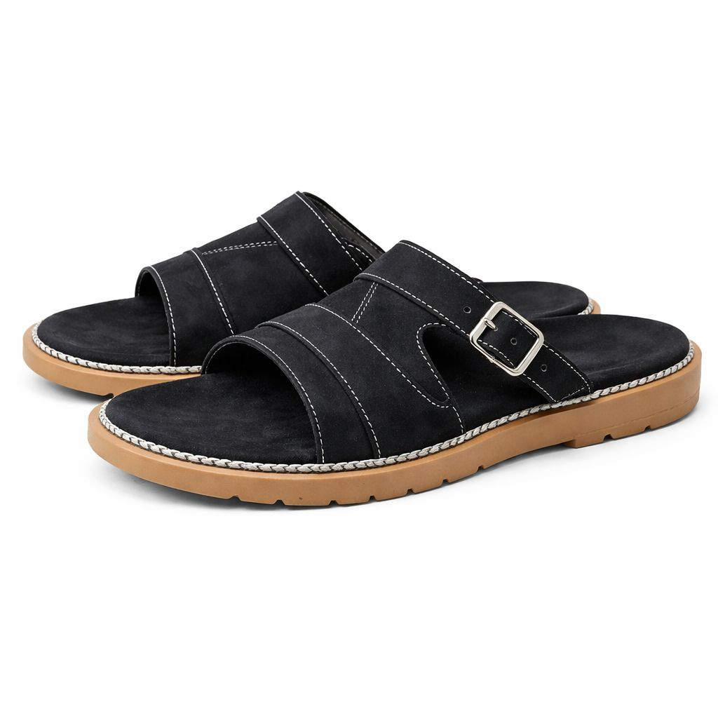 Black Leather Sandals with Buckle Strap
