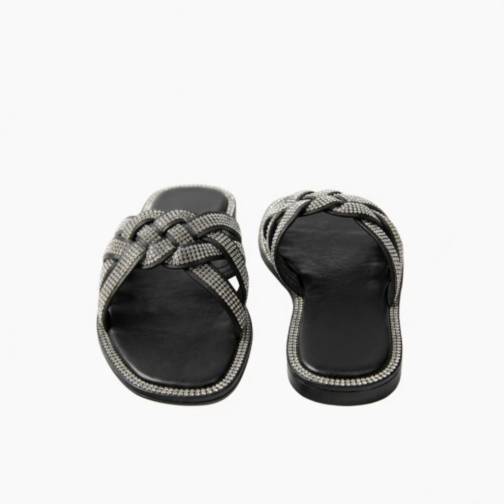 Black Crystal Embellished Braided Slide Sandals
