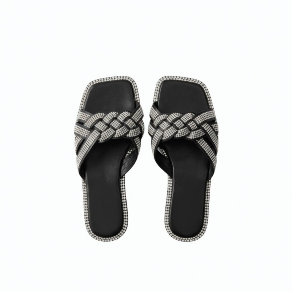 Black Crystal Embellished Braided Slide Sandals