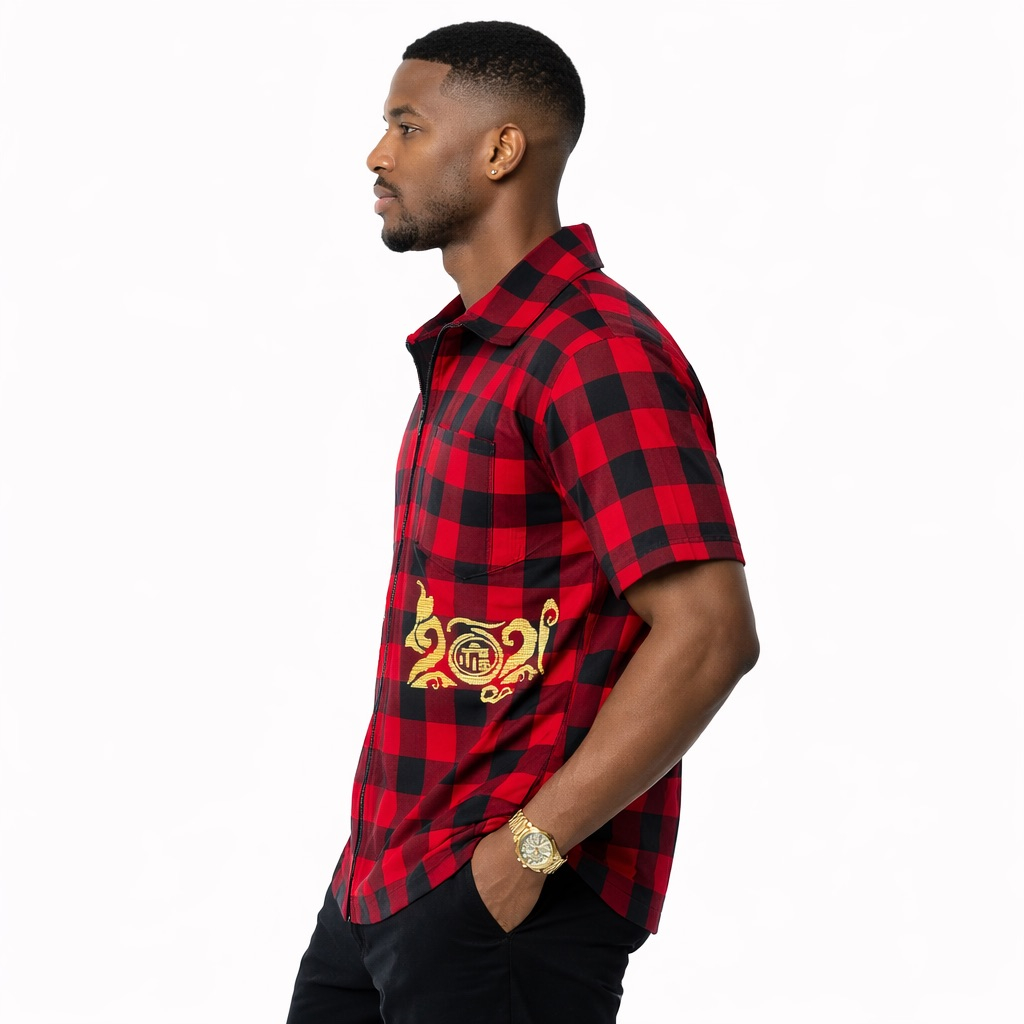 Plaid Red and Black Hooded Zip Up Shirt Jacket with Graphic Print