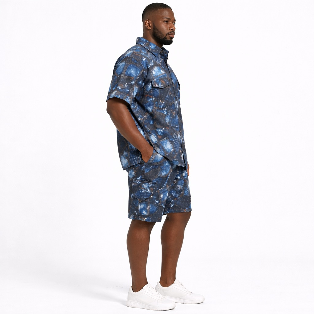 Mens Printed Blue Pattern Short Sleeve Shirt and Shorts Set