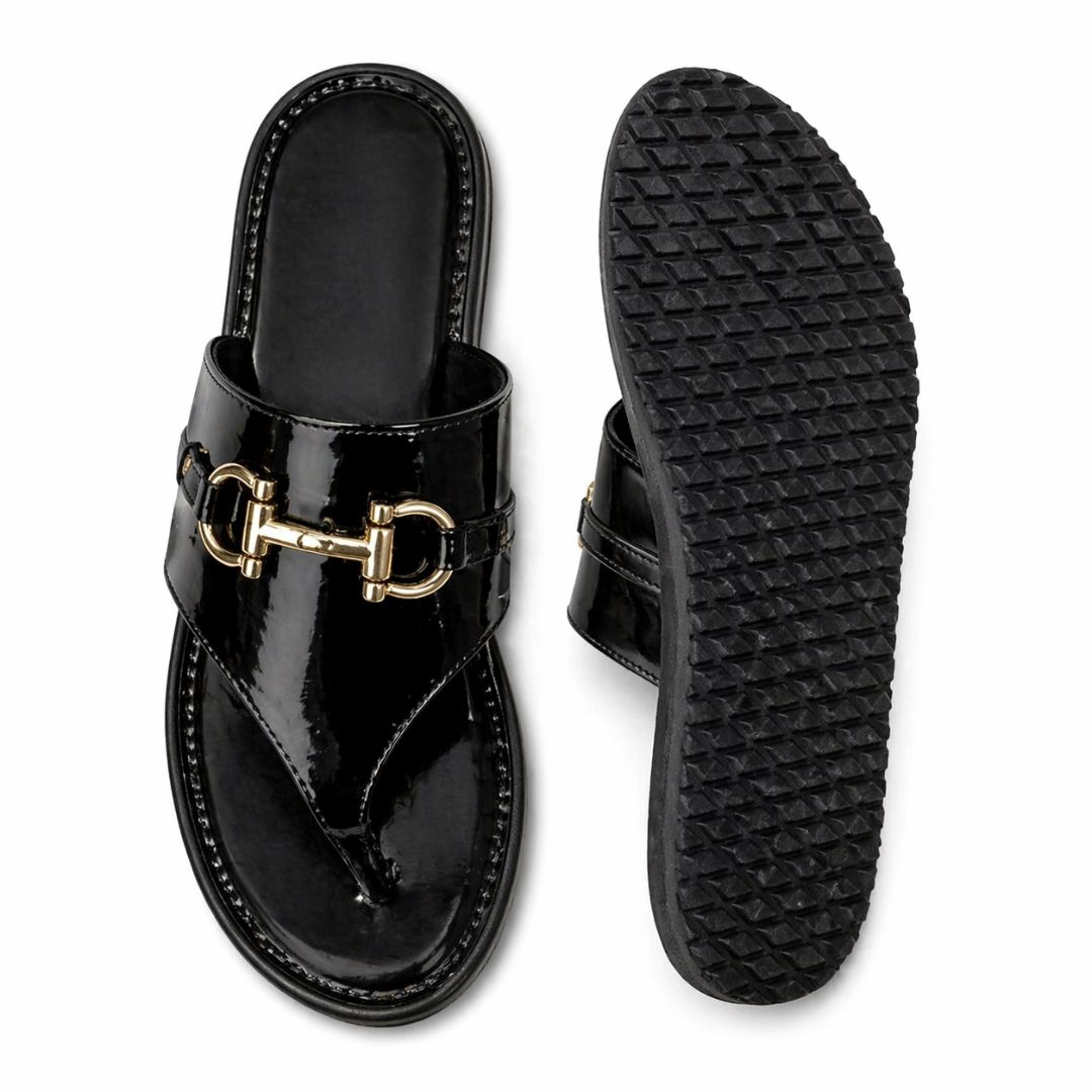 Mens Black Patent Leather Thong Sandals with Gold Buckle Detail