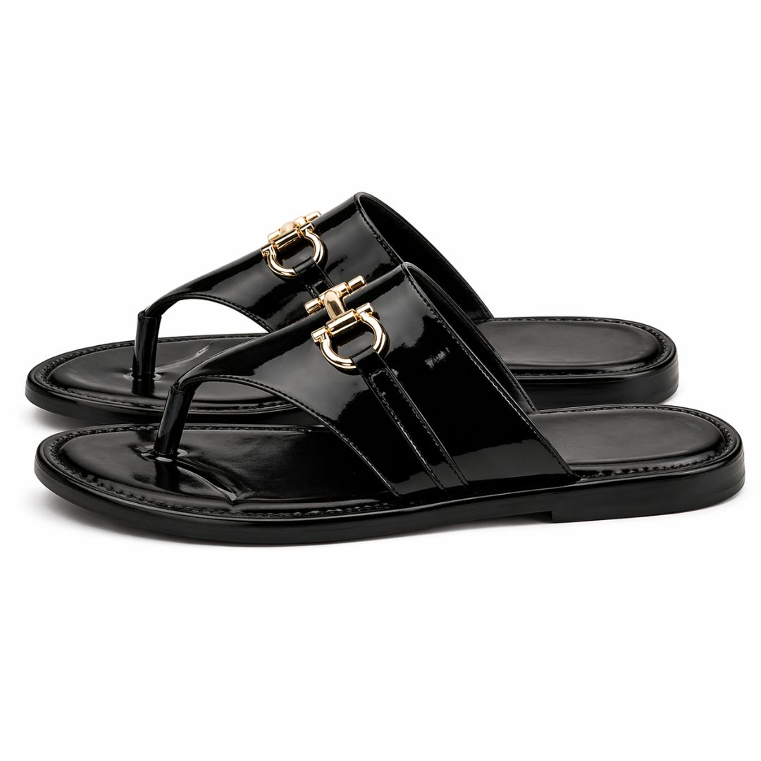 Mens Black Patent Leather Thong Sandals with Gold Buckle Detail