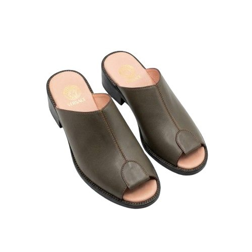 Dark Olive Leather Peep Toe Mules