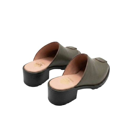 Dark Olive Leather Peep Toe Mules