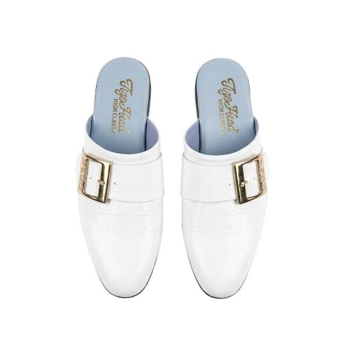 Mens White Crocodile Texture Buckle Mule Loafers