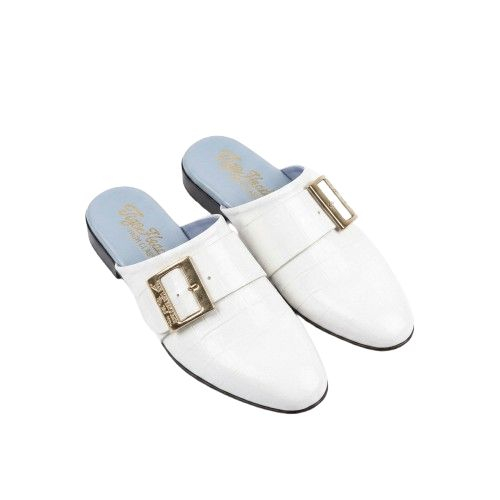 Mens White Crocodile Texture Buckle Mule Loafers