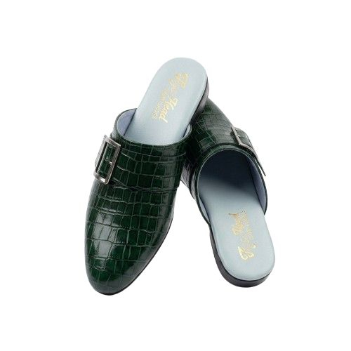 Emerald Green Croc Embossed Buckle Mules