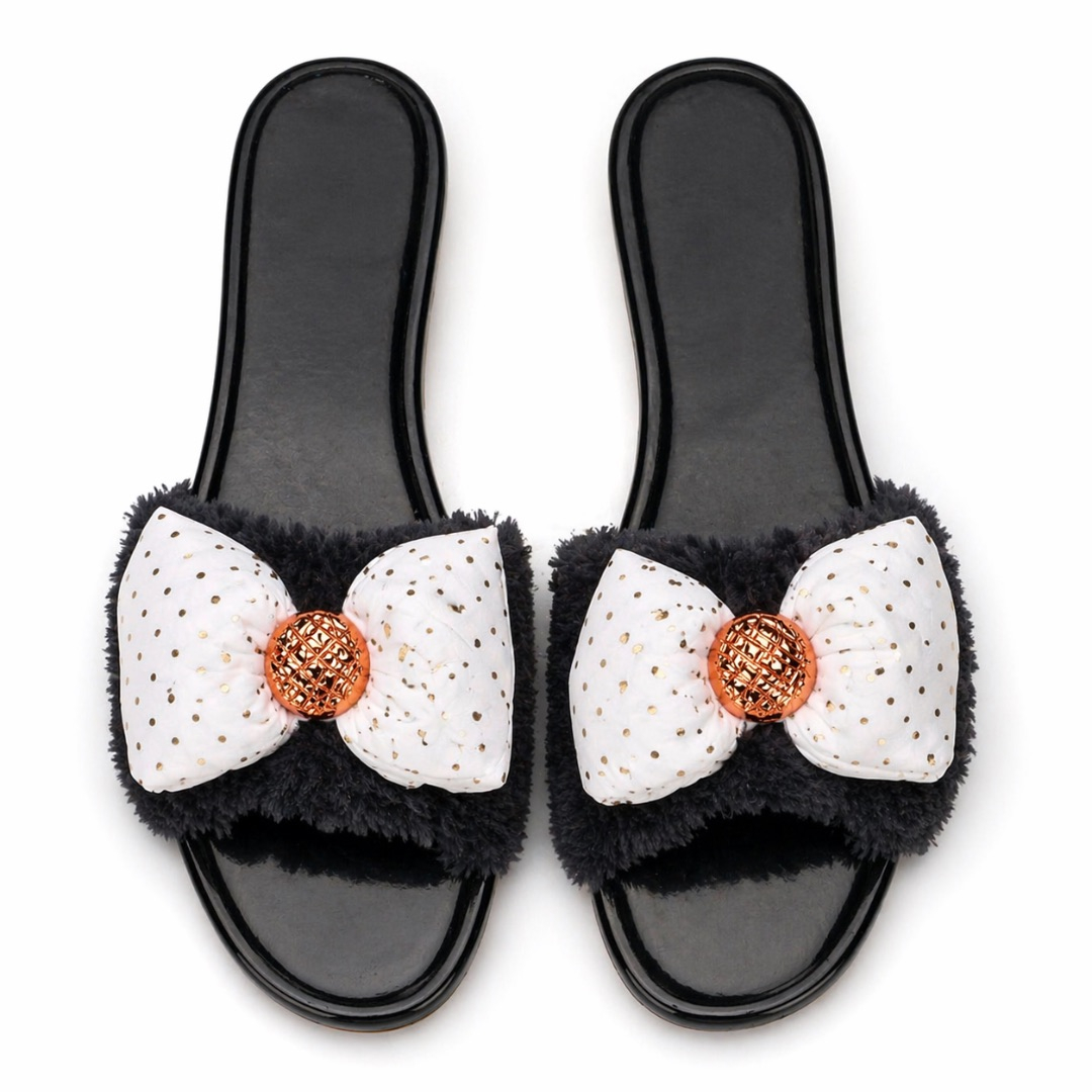 Womens Bow Detail Slip On Flat Sandals     White and Black Furry Accent