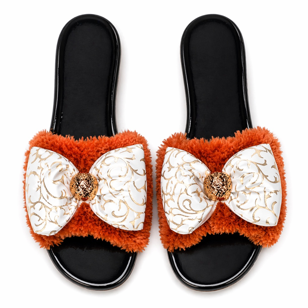 Womens Bow Detail Slip On Flat Sandals     White and Gold Print with Orange Furry Accent