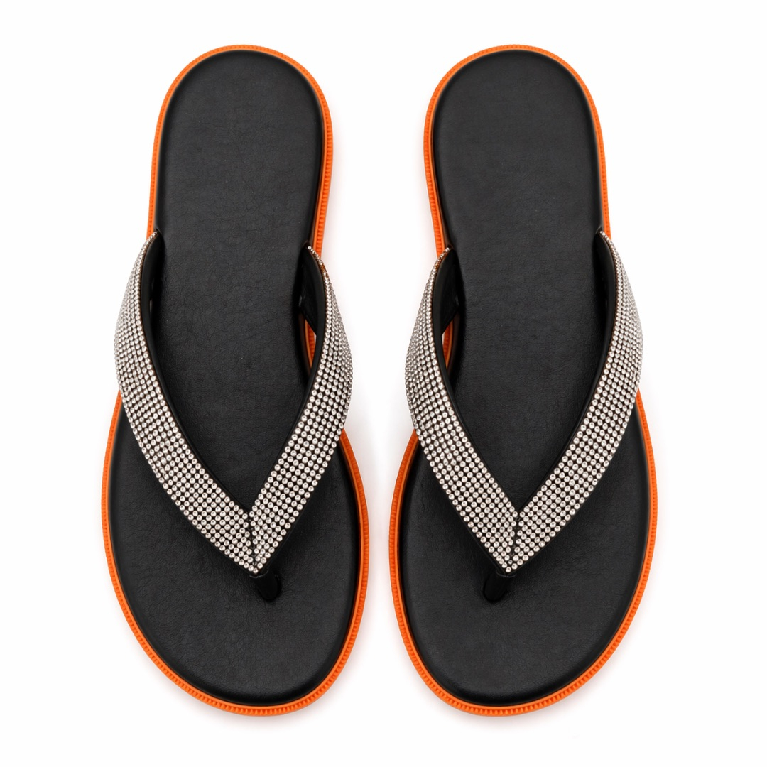Womens Rhinestone Strap Flip Flop Sandals     Black