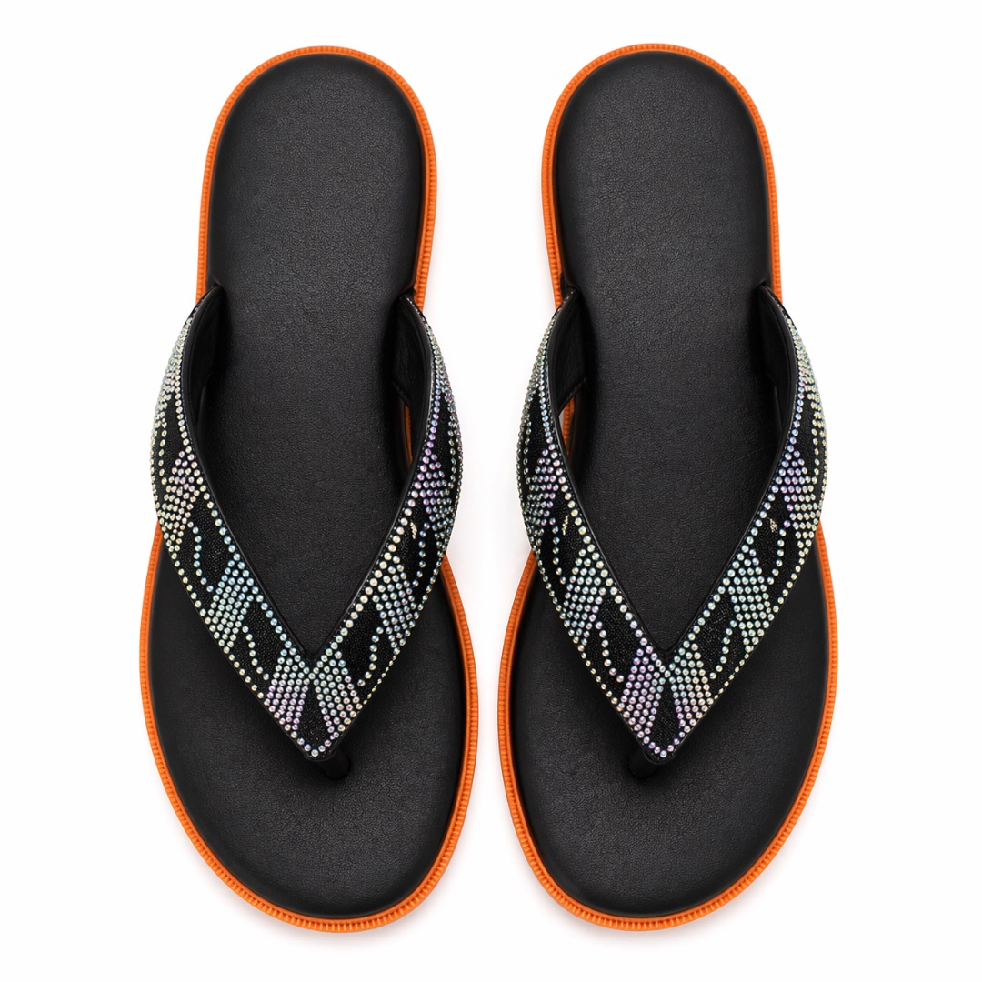 Womens Multicolor Rhinestone Strap Flip Flop Sandals     Black