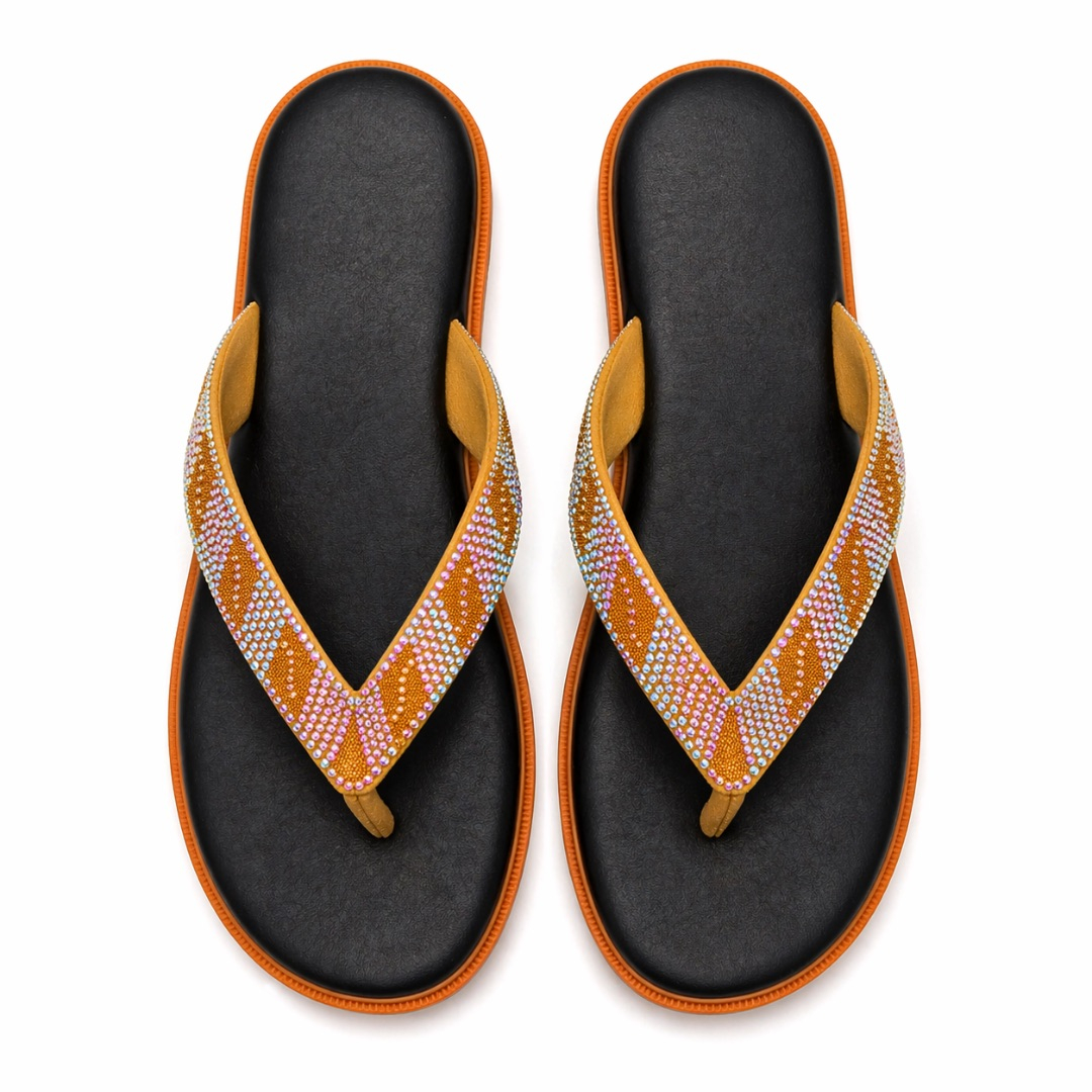 Womens Gold Rhinestone Strap Flip Flop Sandals     Black