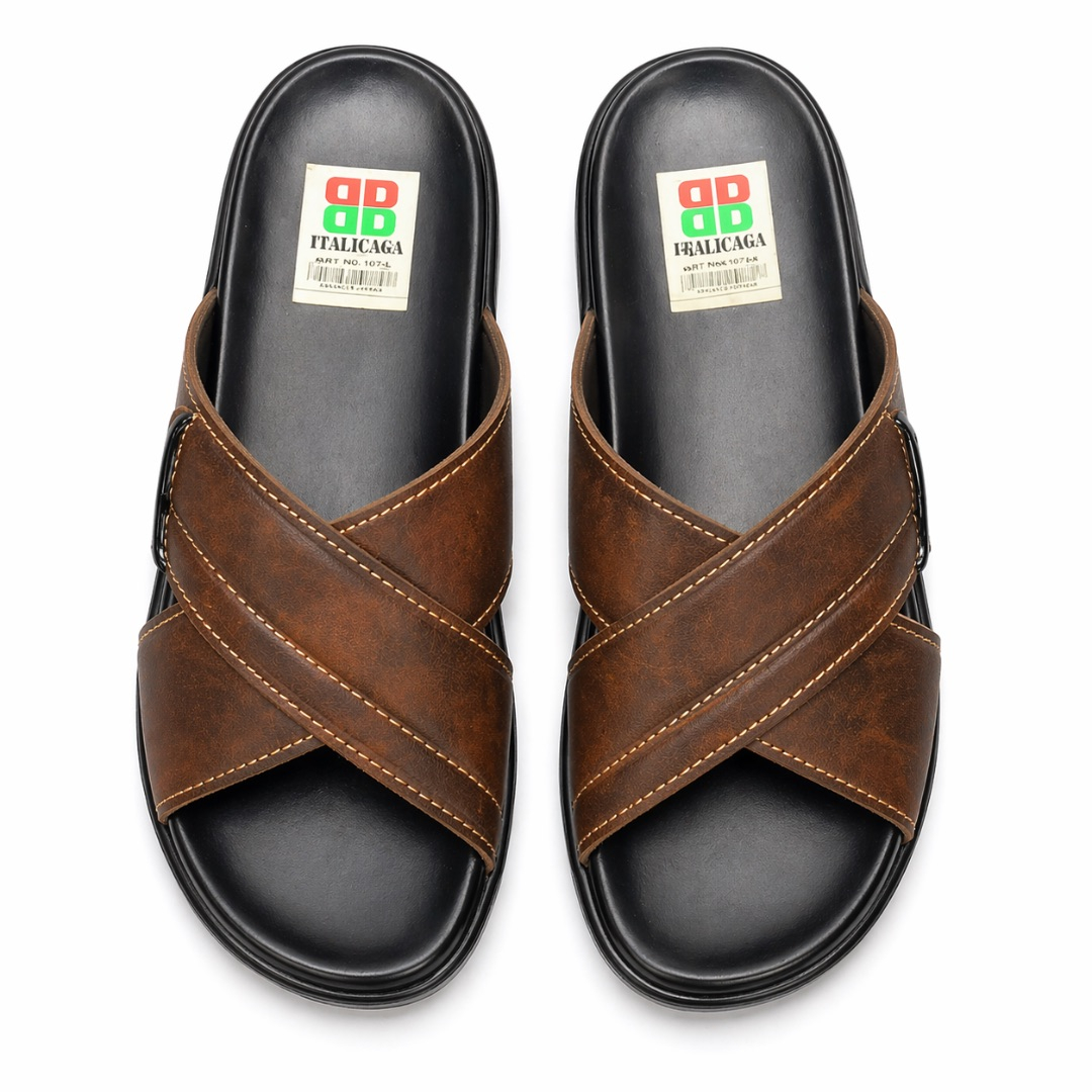 Mens Cross Strap Leather Slide Sandals     Brown